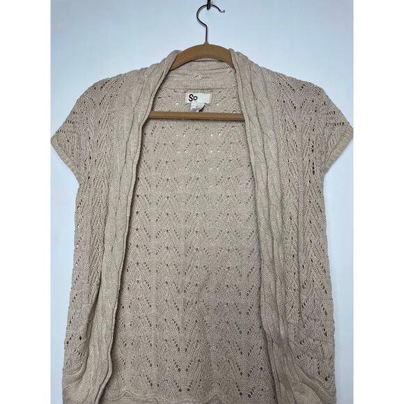 Beige Cardigan Womens Small Short Sleeve Sweater Tan Knit Open Top Boho Shirt - Picture 2 of 11